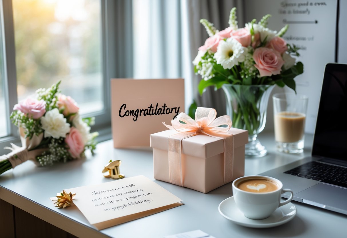 A cozy office desk with a wrapped gift, flowers, a laptop, and a congratulatory card celebrating a woman's career milestone.