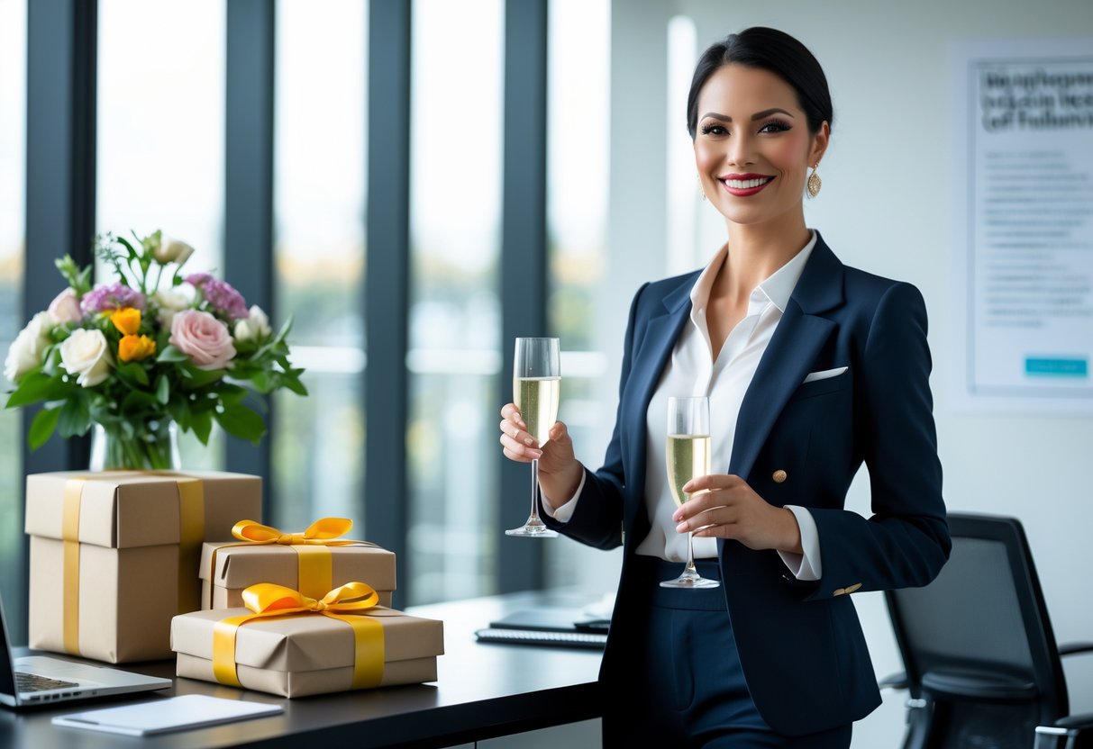 A professional woman in business attire smiling and holding a glass of champagne and a gift card in a modern office with wrapped gifts on a desk.