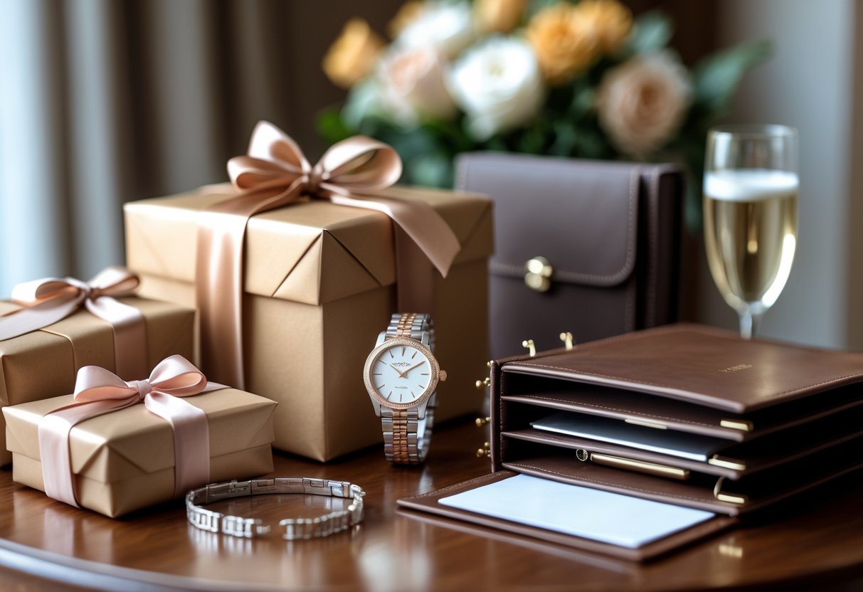 A collection of luxury gifts including wrapped boxes, a watch, jewelry, and a leather planner arranged on a wooden table with flowers and a champagne glass in the background.