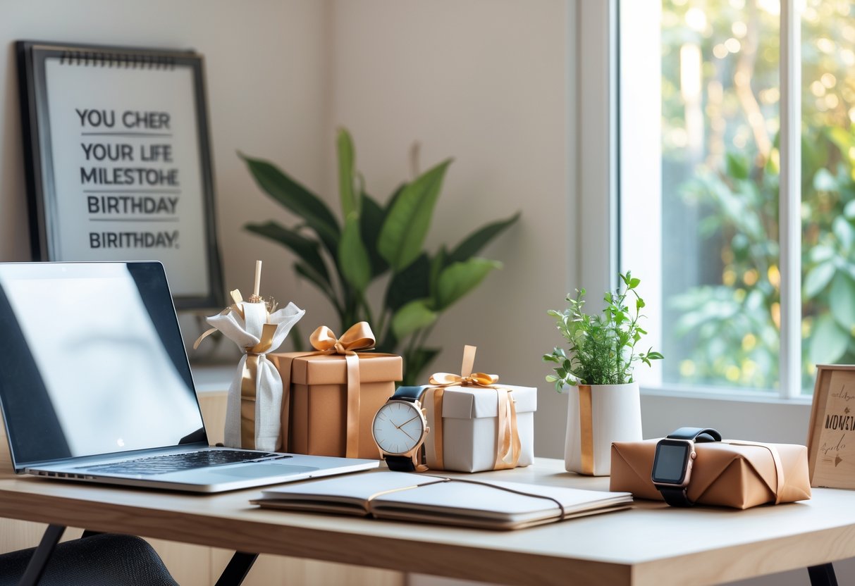 A workspace with a laptop, coffee, wrapped gifts, a potted plant, and a planner, suggesting a thoughtful celebration of a woman's career milestone.