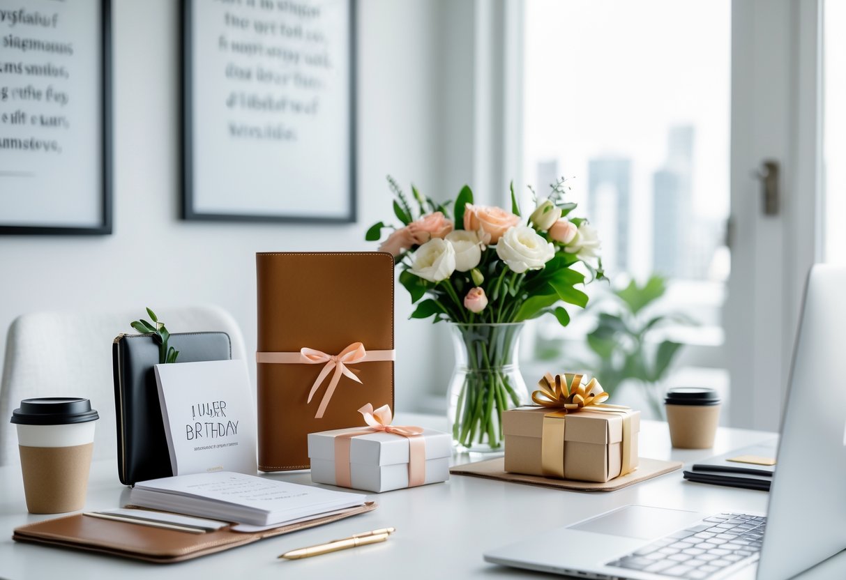 A modern office desk with creative birthday gifts for a woman celebrating a career milestone, including a planner, gift box, flowers, and a laptop.