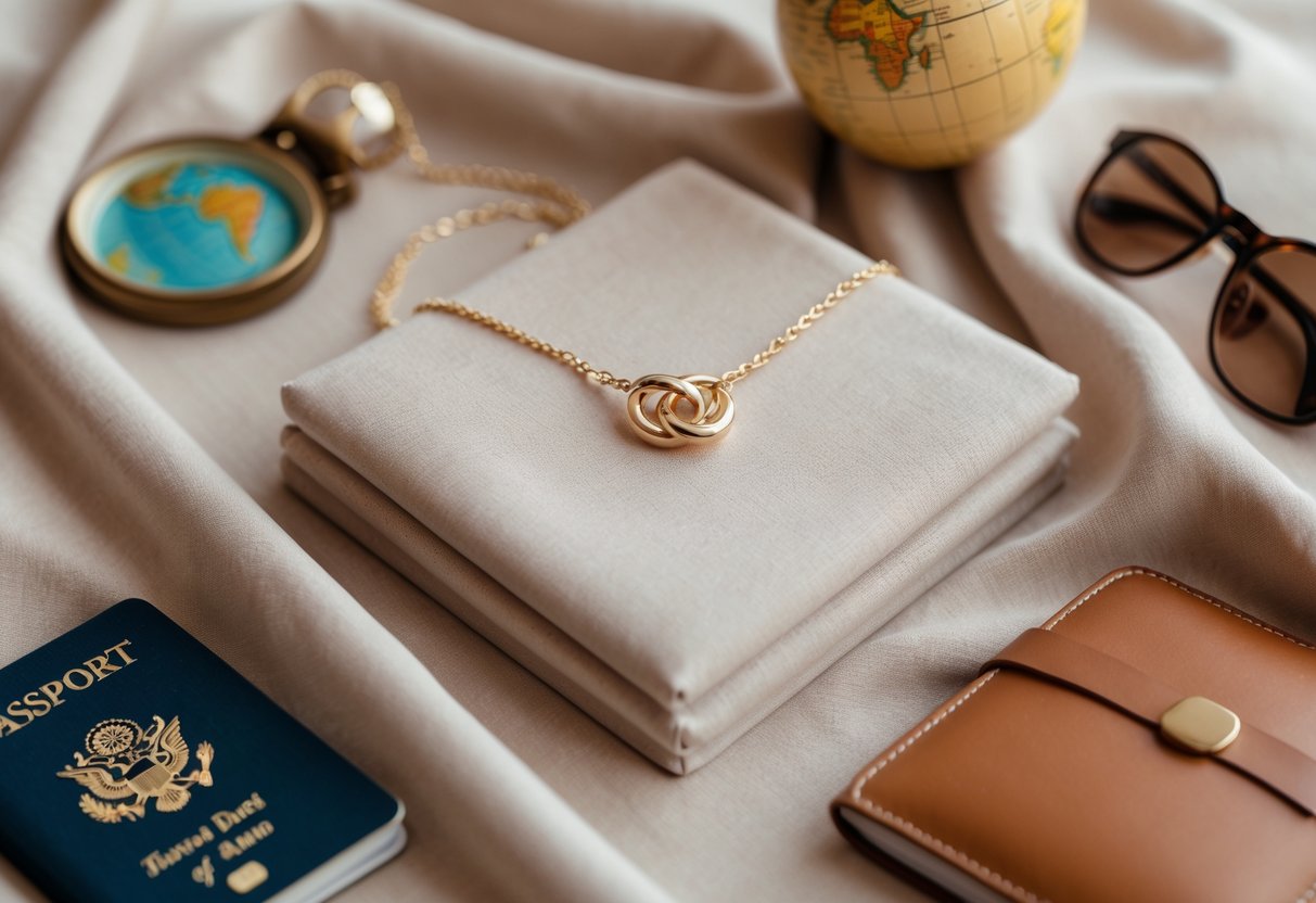 A love knot necklace placed on fabric surrounded by travel items like a passport, globe, sunglasses, and a travel journal.