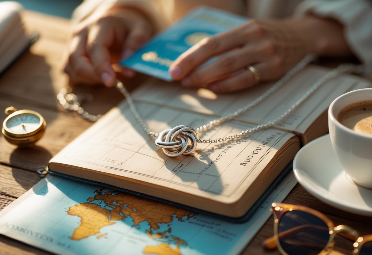 Close-up of a love knot necklace on a travel journal beside a map, passport, and travel items on a wooden table with a woman holding a plane ticket in the background.