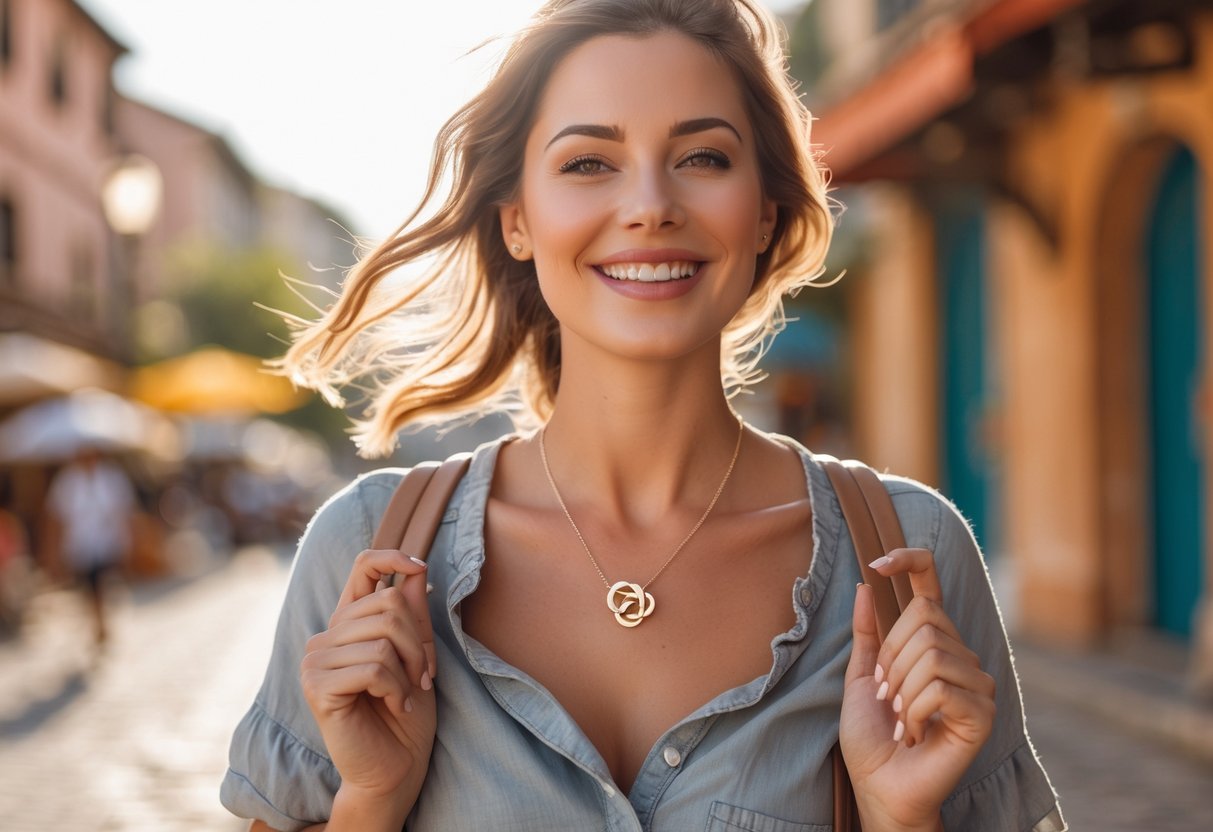 A woman wearing a love knot necklace stands outdoors in a sunny travel location, smiling confidently.