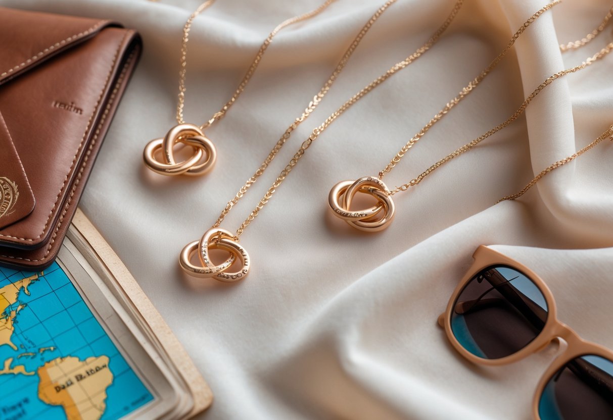Close-up of personalized love knot necklaces displayed with travel items like a passport holder, map, and sunglasses.