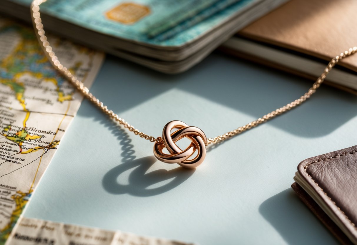 Close-up of a love knot necklace on a travel-themed background with a map, passport, and travel journal.