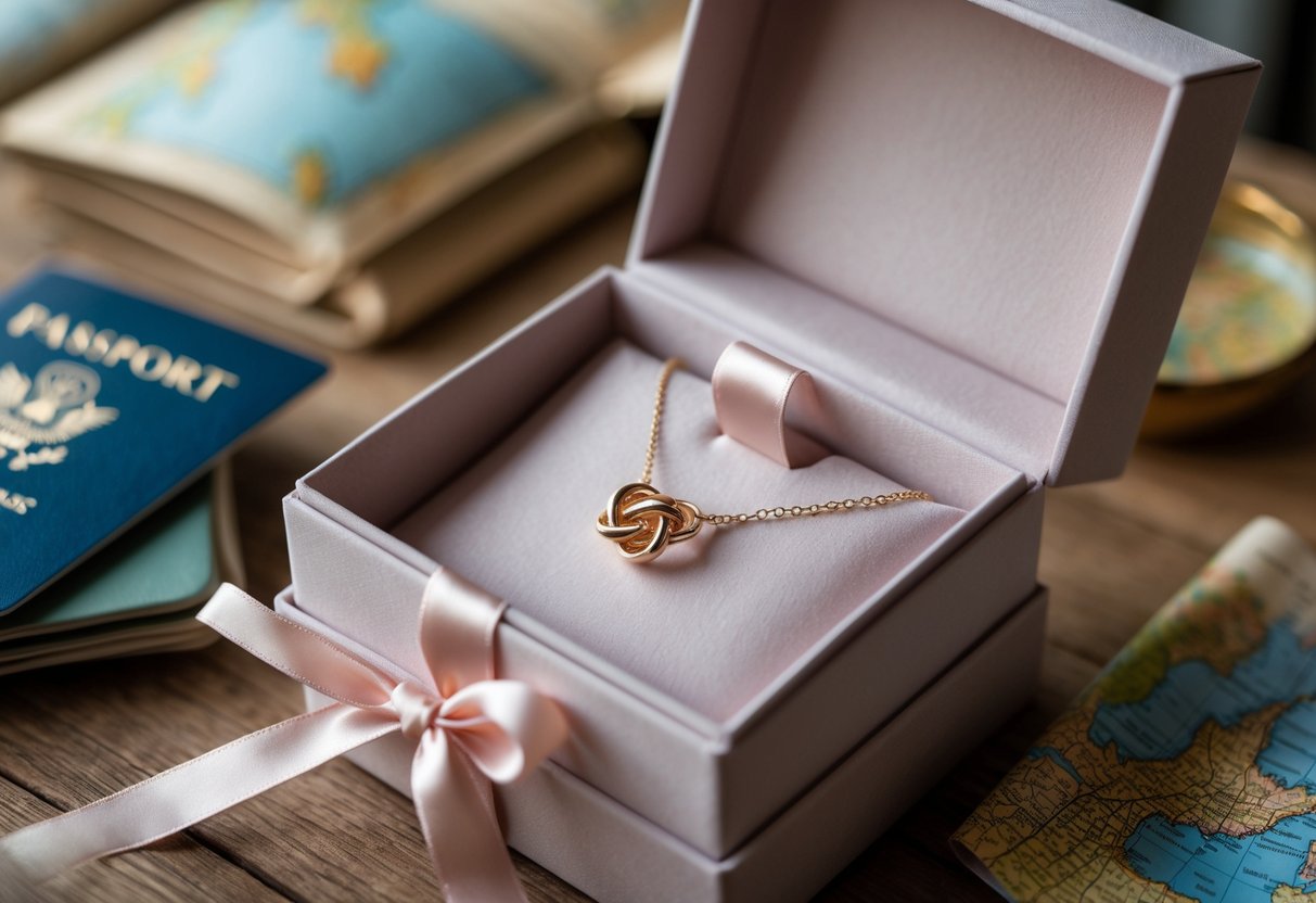 A gift box with a love knot necklace inside, surrounded by travel items like a passport, globe, and map on a wooden table.