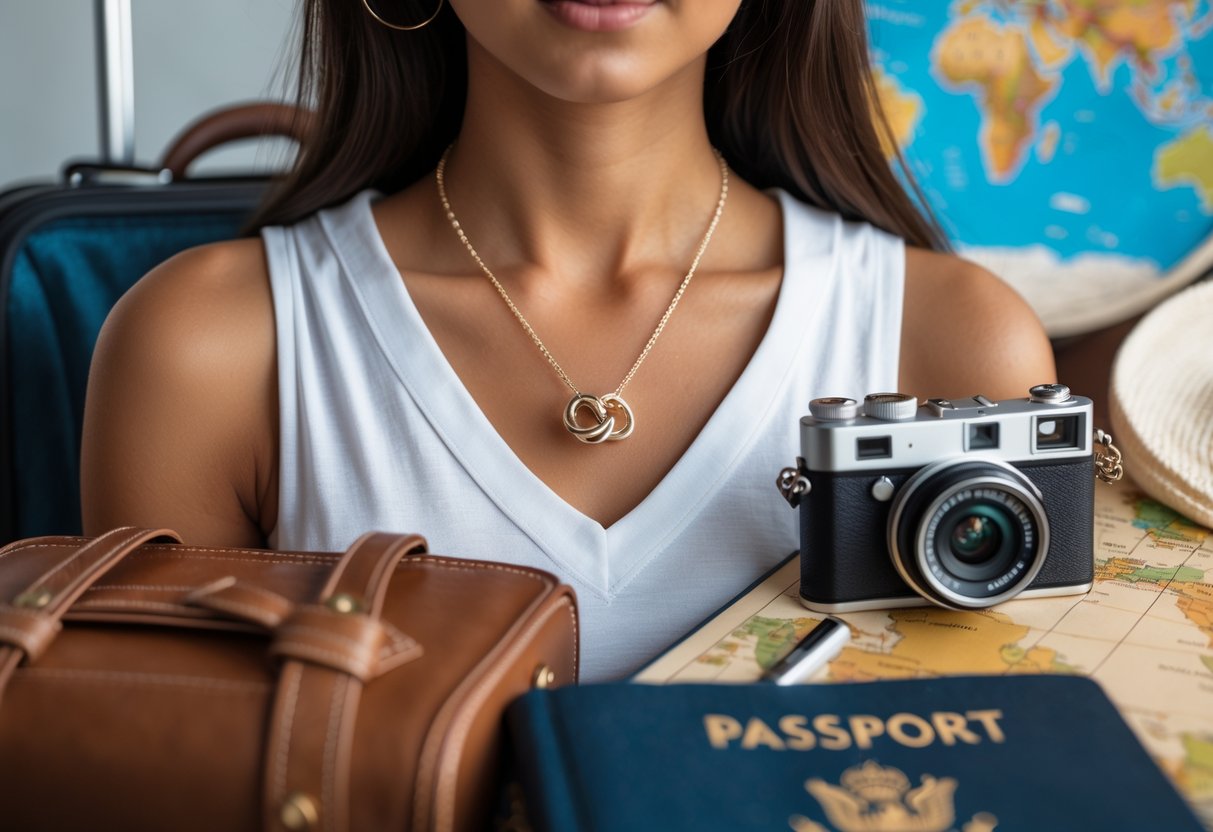 Close-up of a woman wearing a love knot necklace surrounded by travel accessories including a passport holder, camera, and travel journal, with a suitcase and map in the background.