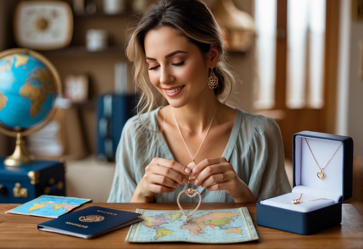 A woman sitting at a table holding a delicate love knot necklace with travel items like a passport and map nearby.