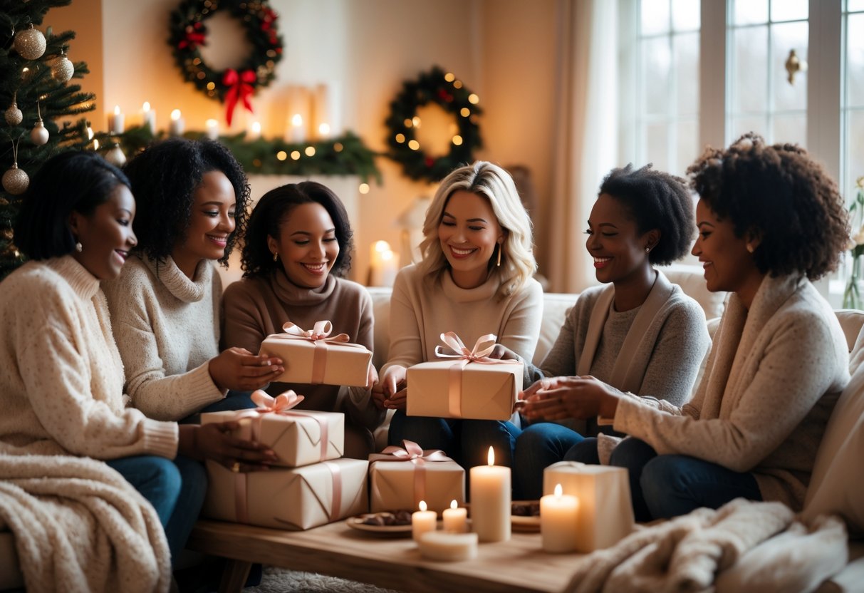 A group of women exchanging holiday gifts in a cozy living room with a fireplace and festive decorations, sharing a moment of warmth and support.