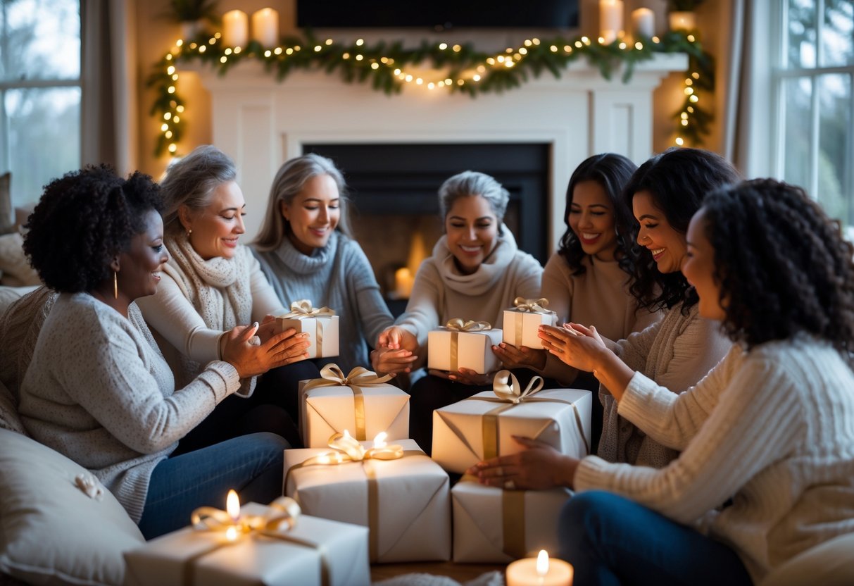 A group of women exchanging wrapped gifts and embracing in a cozy, decorated living room during the holiday season.