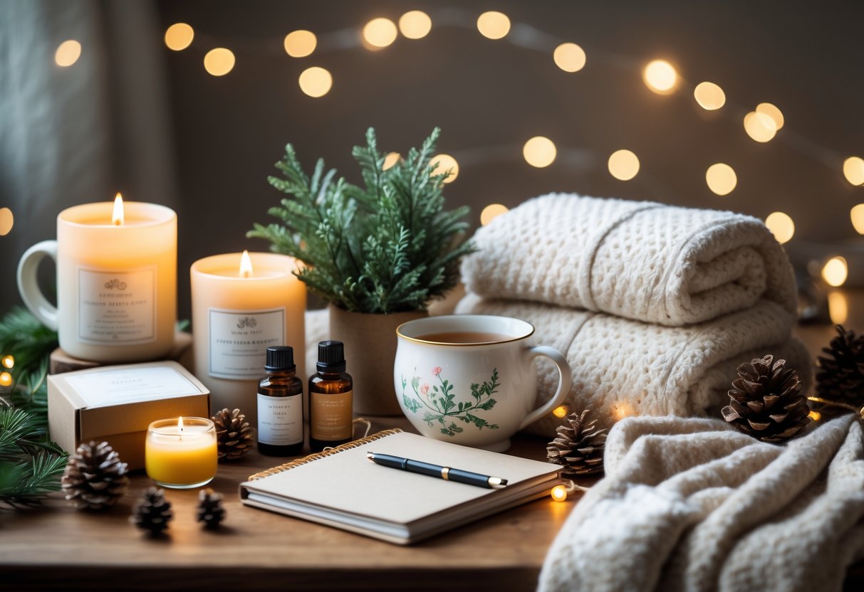 A warm, inviting display of self-care gifts including candles, tea, a journal, essential oils, and a blanket arranged on a wooden table with soft holiday decorations.
