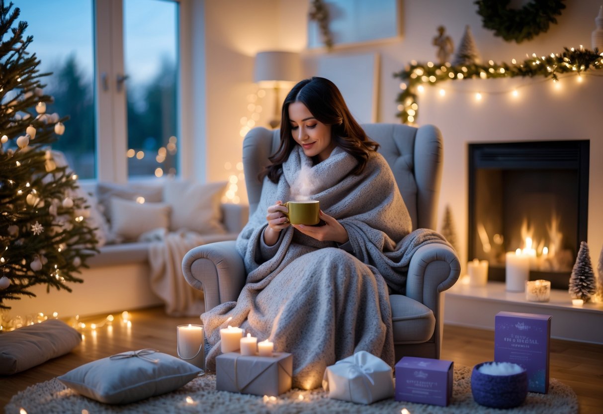 A woman wrapped in a blanket sits in a cozy living room with soothing gifts like candles, a plant, a journal, and bath salts arranged around her, creating a peaceful holiday atmosphere.