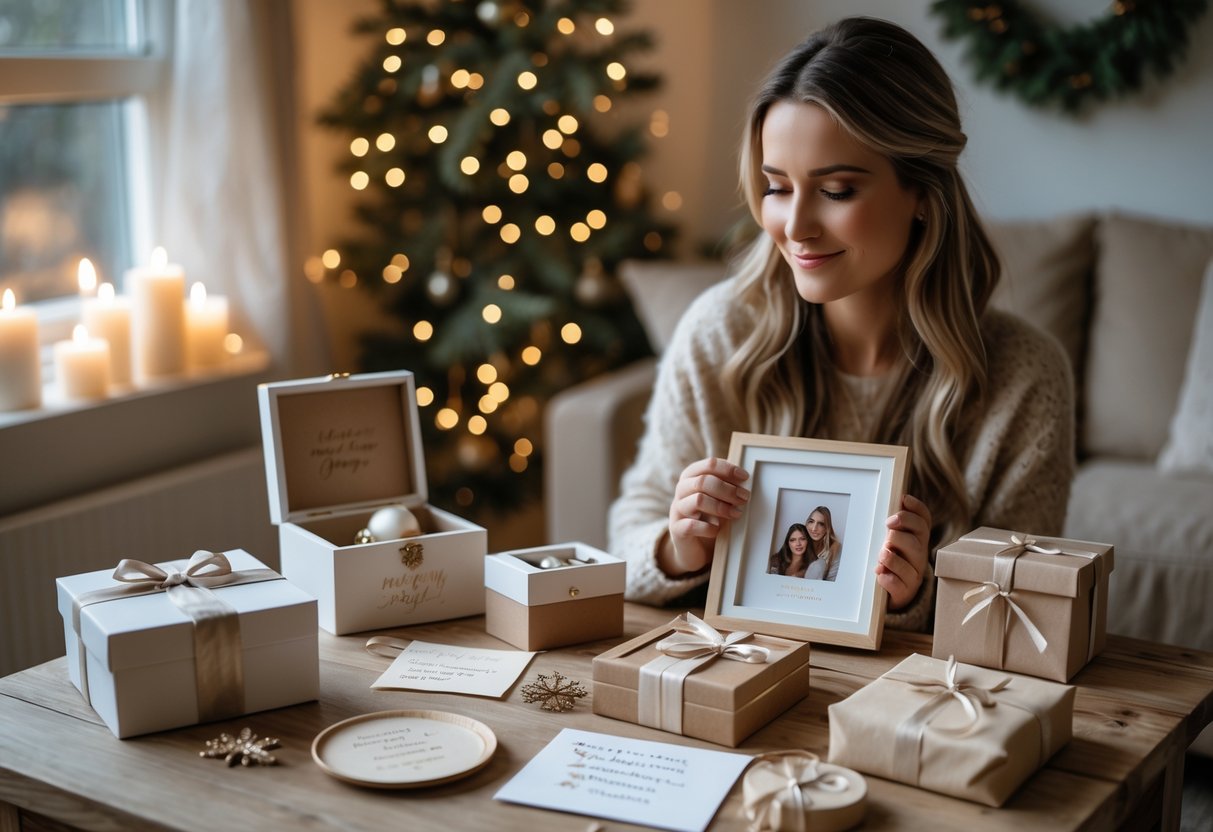 A woman gently holding a personalized keepsake in a cozy room decorated for the holidays with soft lights and handmade gifts on a wooden table.