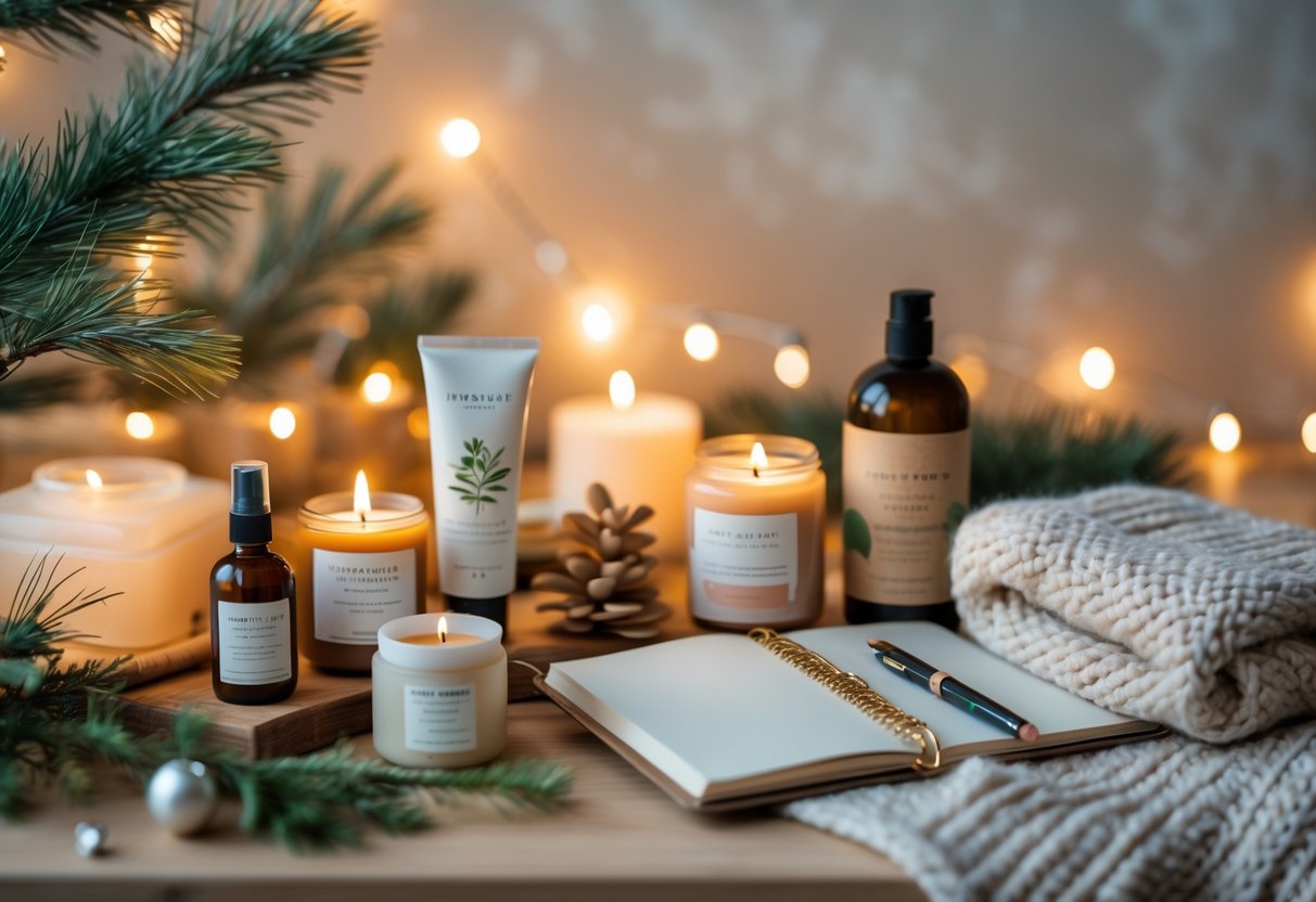 A cozy table with self-care items including skincare products, candles, herbal tea, a journal, and a knitted blanket surrounded by holiday decorations.