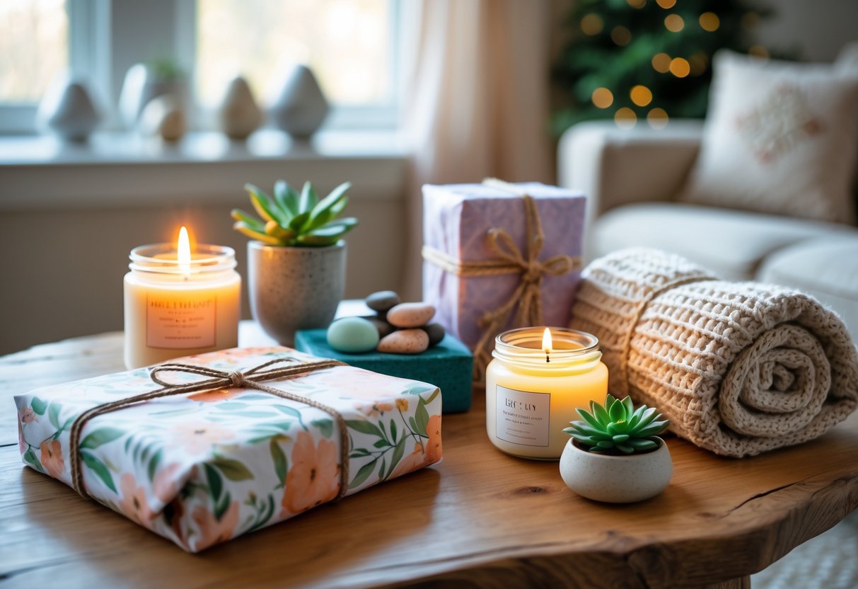 A cozy table display of mindfulness gifts including a journal, meditation stones, a lit candle, a knitted blanket, and a small plant in a calm living room.