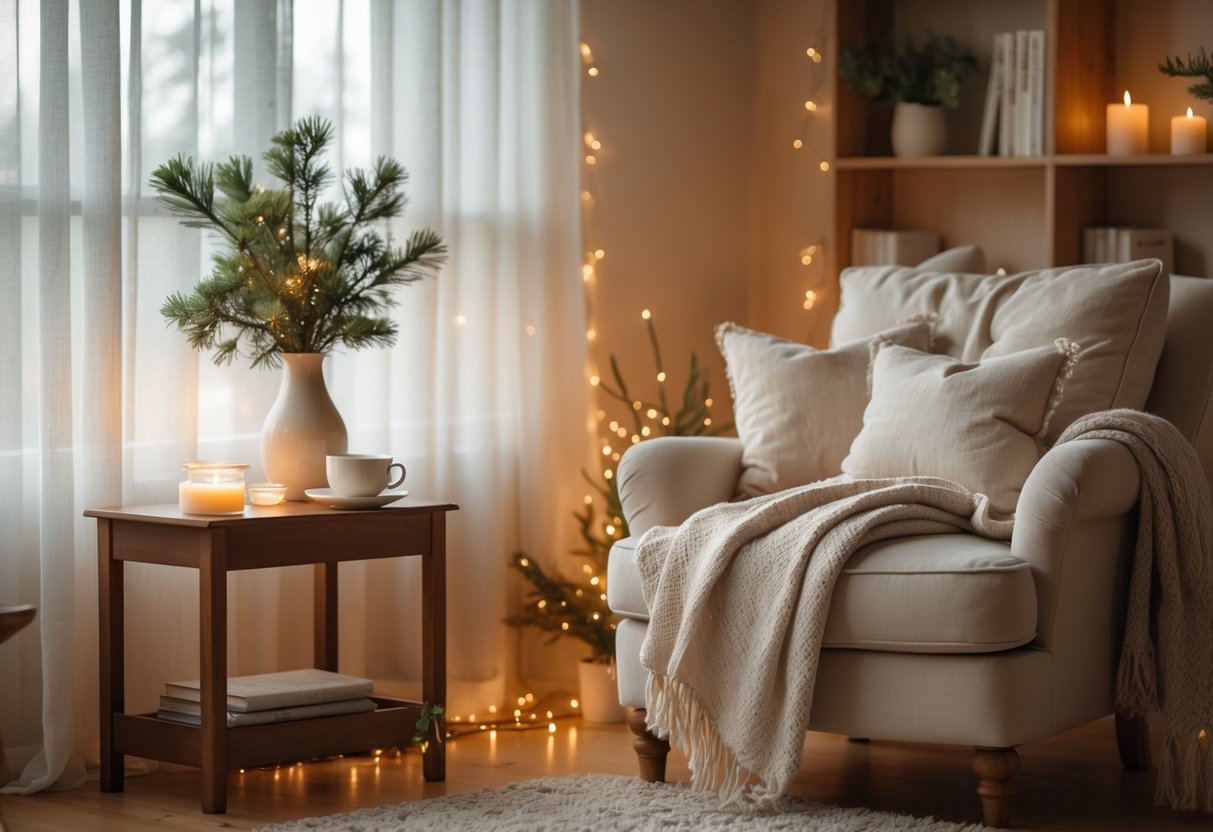 A cozy living room with soft lighting, an armchair with cushions and a blanket, a side table with tea and a candle, subtle holiday decorations, and a bookshelf with plants.