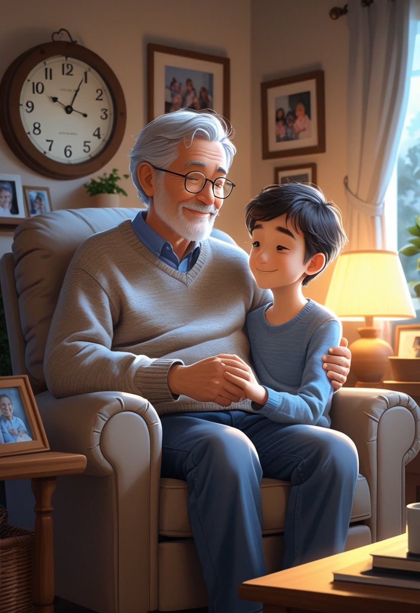 Um pai idoso e seu filho adulto sentados juntos em uma sala aconchegante, compartilhando um momento de conexão e carinho.