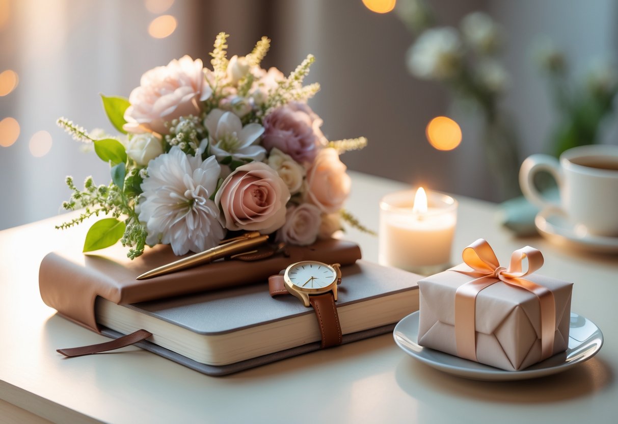 A table displaying flowers, a leather journal with a pen, a watch, and a wrapped gift box, lit by warm natural light.