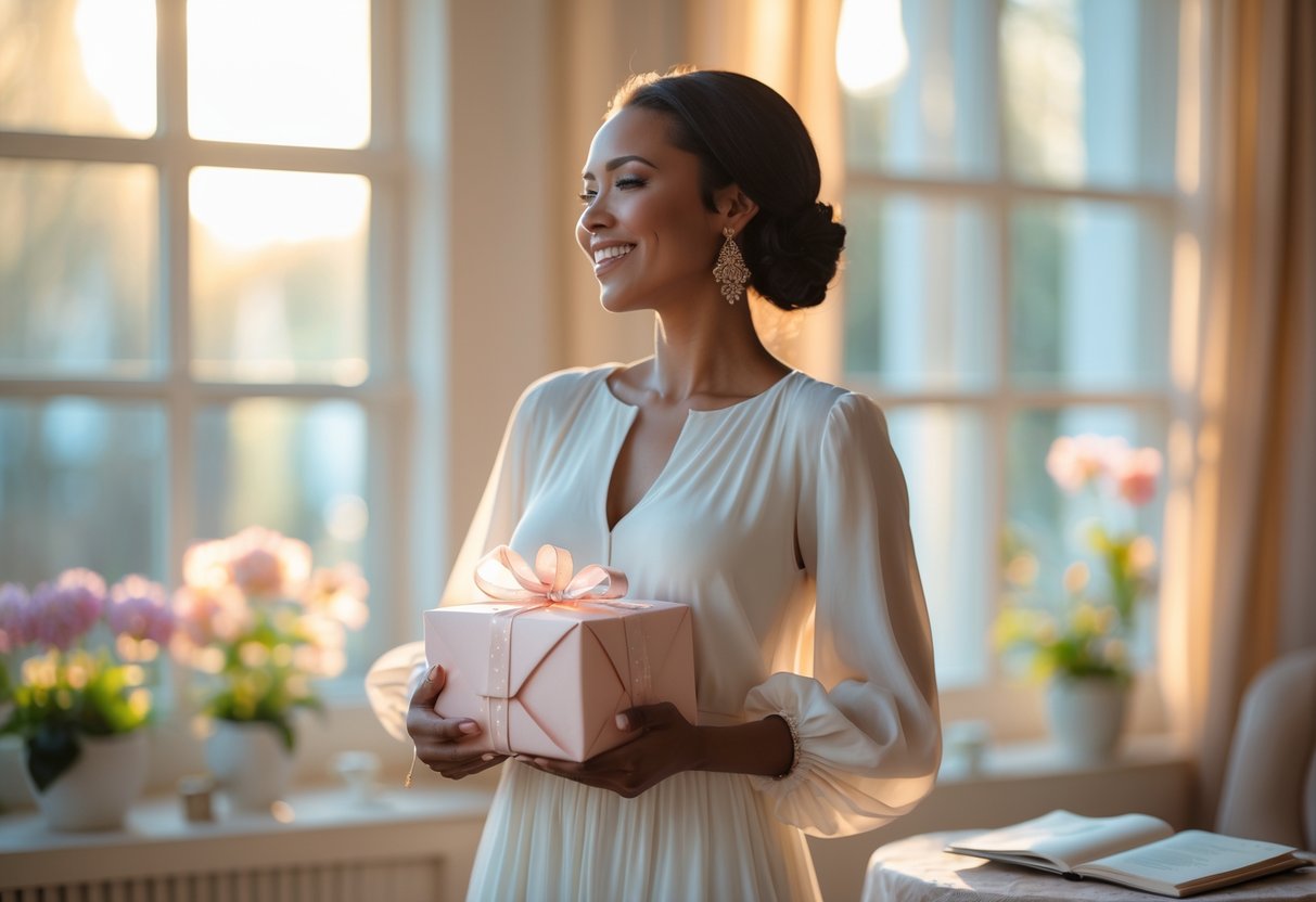 A smiling woman holding a wrapped gift box in a warm, cozy room filled with natural light and blooming flowers, symbolizing new beginnings.