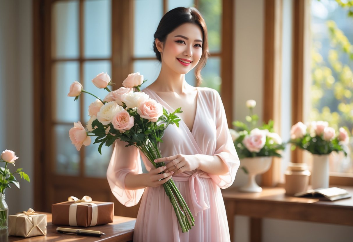 A confident woman holding a bouquet of flowers and surrounded by thoughtful gifts in a sunlit room with a view of a blooming garden.