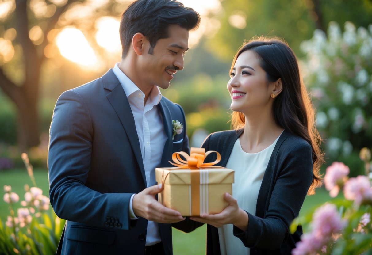 A man giving a wrapped gift to a woman outdoors as they share a warm, hopeful moment surrounded by flowers and greenery.