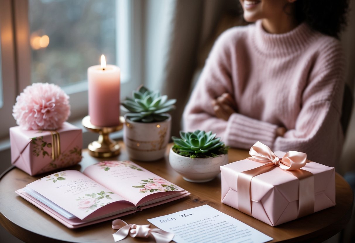 A cozy table with romantic and empowering gifts including a journal, candle, succulent plant, and wrapped box, with a smiling woman in the background.