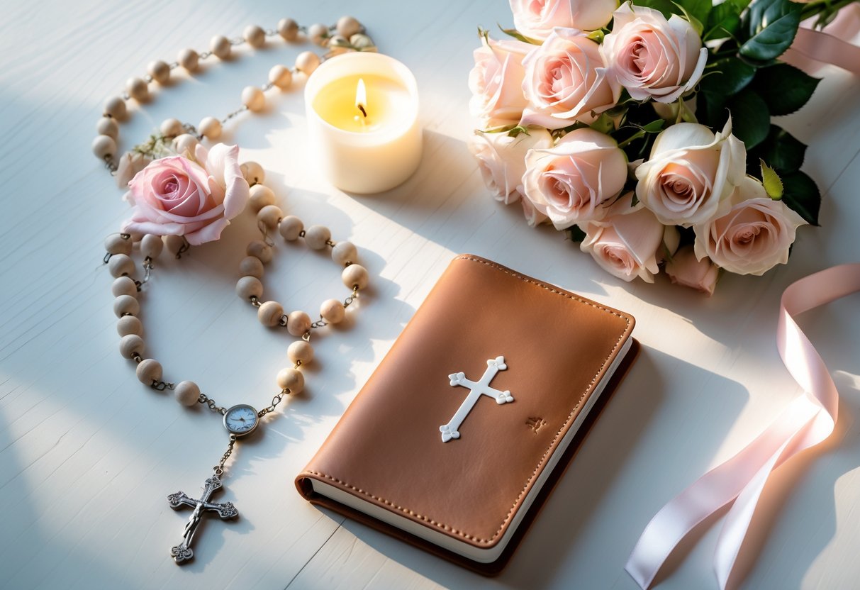 Flat lay of faith-inspired gifts including a rosary, journal, lit candle, and bouquet of pink and white roses on a wooden surface.