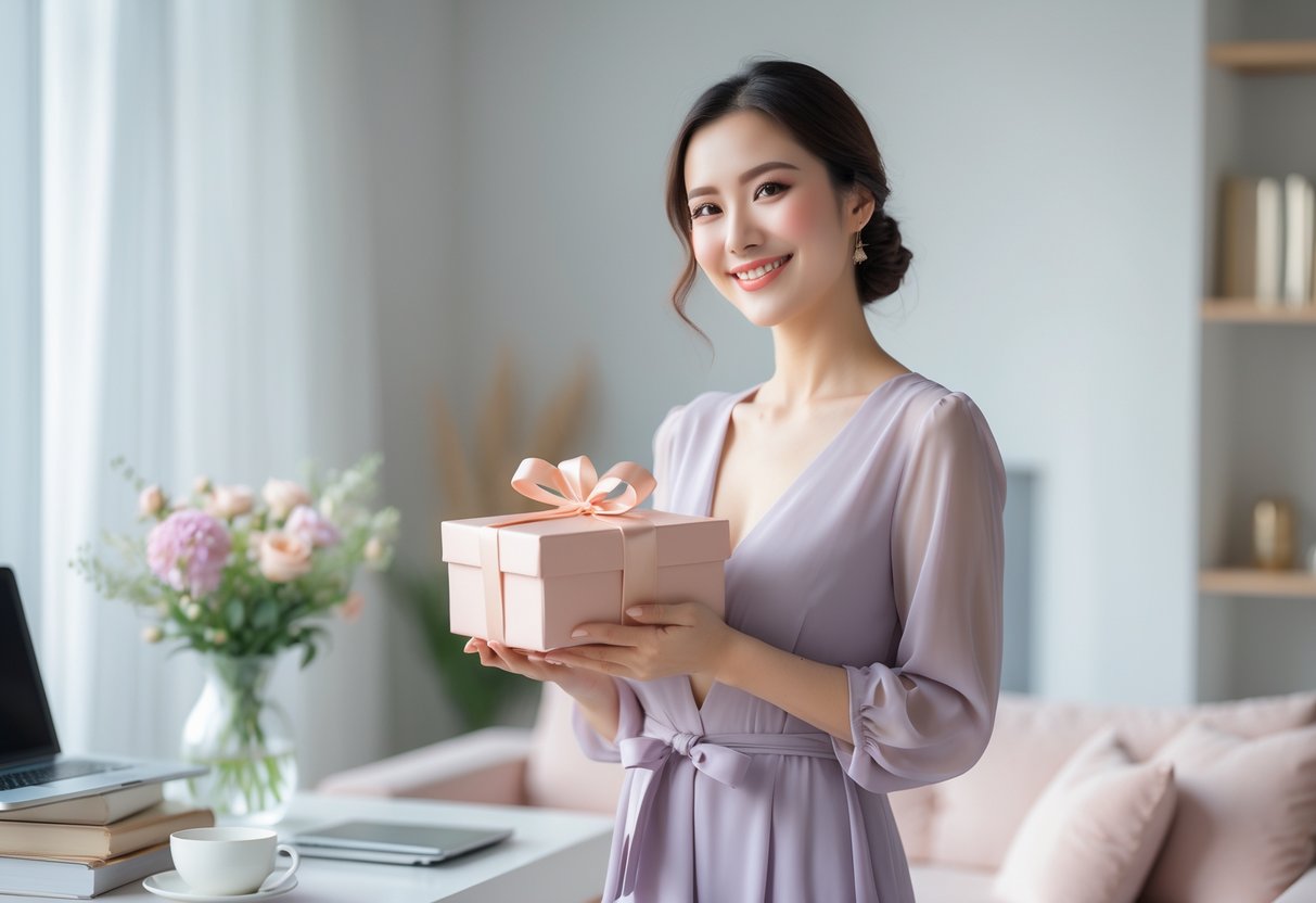 A smiling woman holding a wrapped gift in a bright room with flowers and books, symbolizing encouragement and new beginnings.