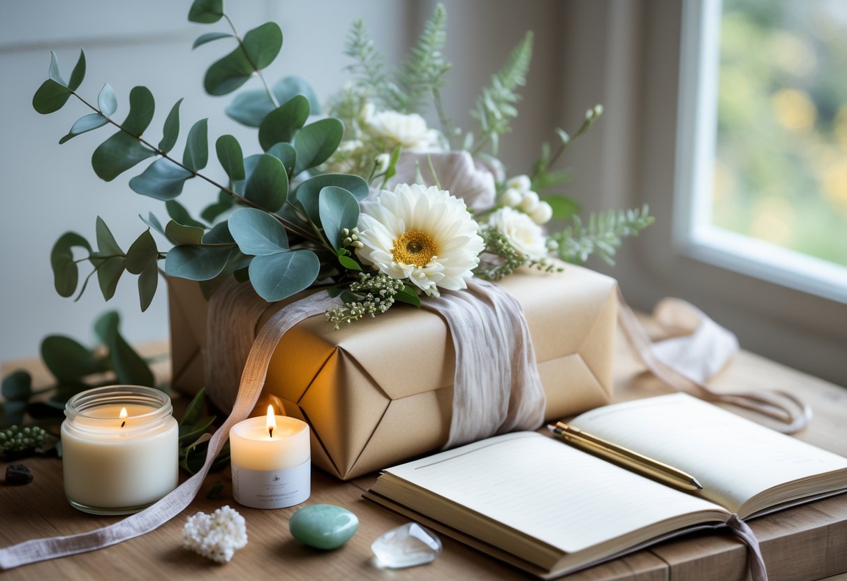 A gift box decorated with eucalyptus leaves and white flowers on a wooden table, accompanied by a lit candle, a crystal, and an open journal near a window with greenery outside.