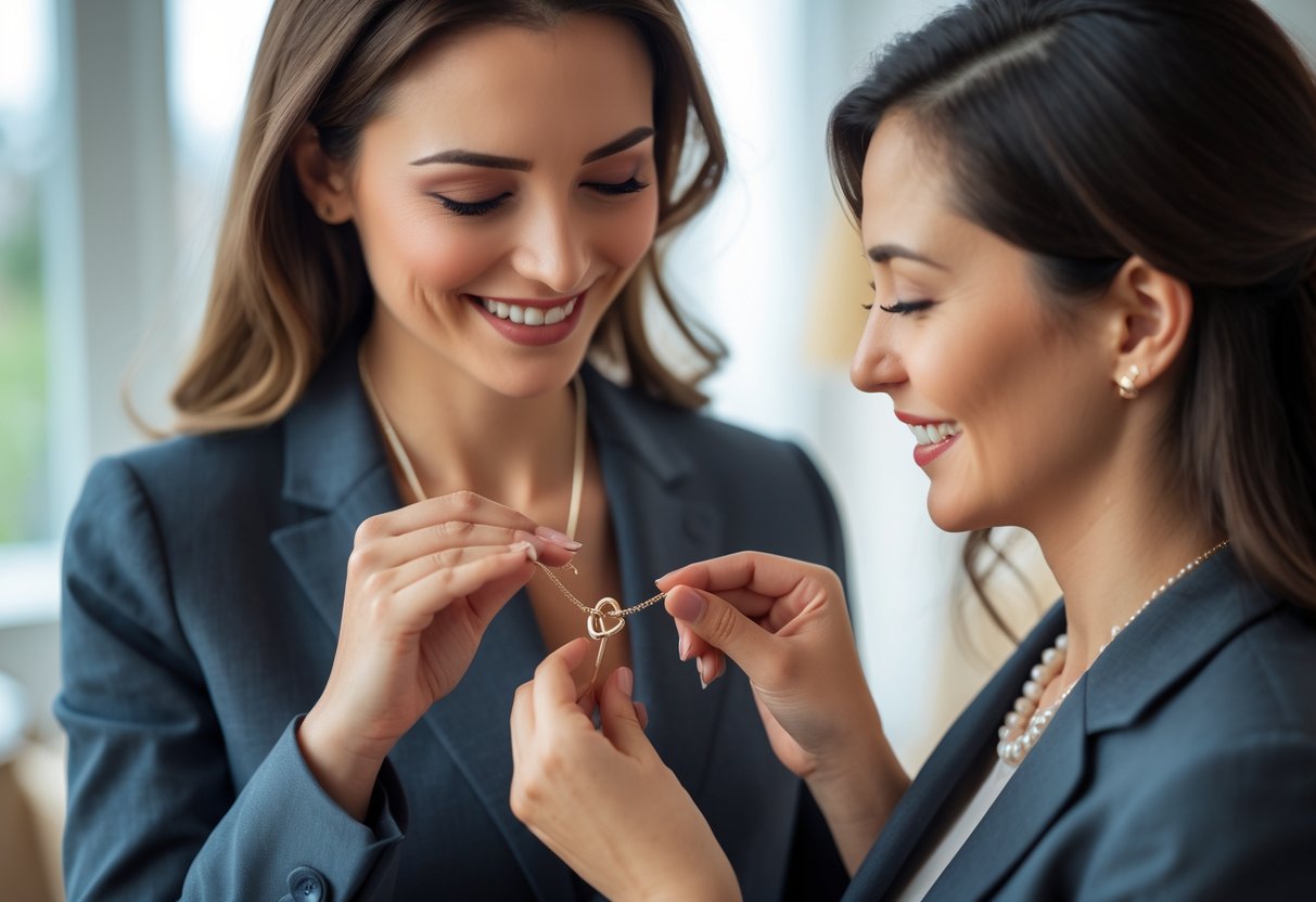A mother putting a love knot necklace on her daughter as a gift for her first job, both smiling warmly indoors.