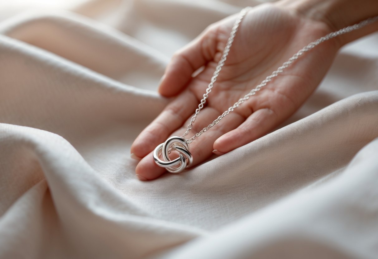 Close-up of a silver love knot necklace held by a young woman’s hand, symbolizing a meaningful gift.