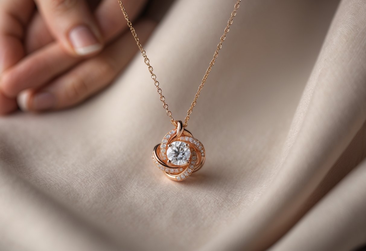 Close-up of a love knot necklace with a round cut cubic zirconia pendant resting on soft fabric, suggesting a gift from a mother to her daughter for her first job.