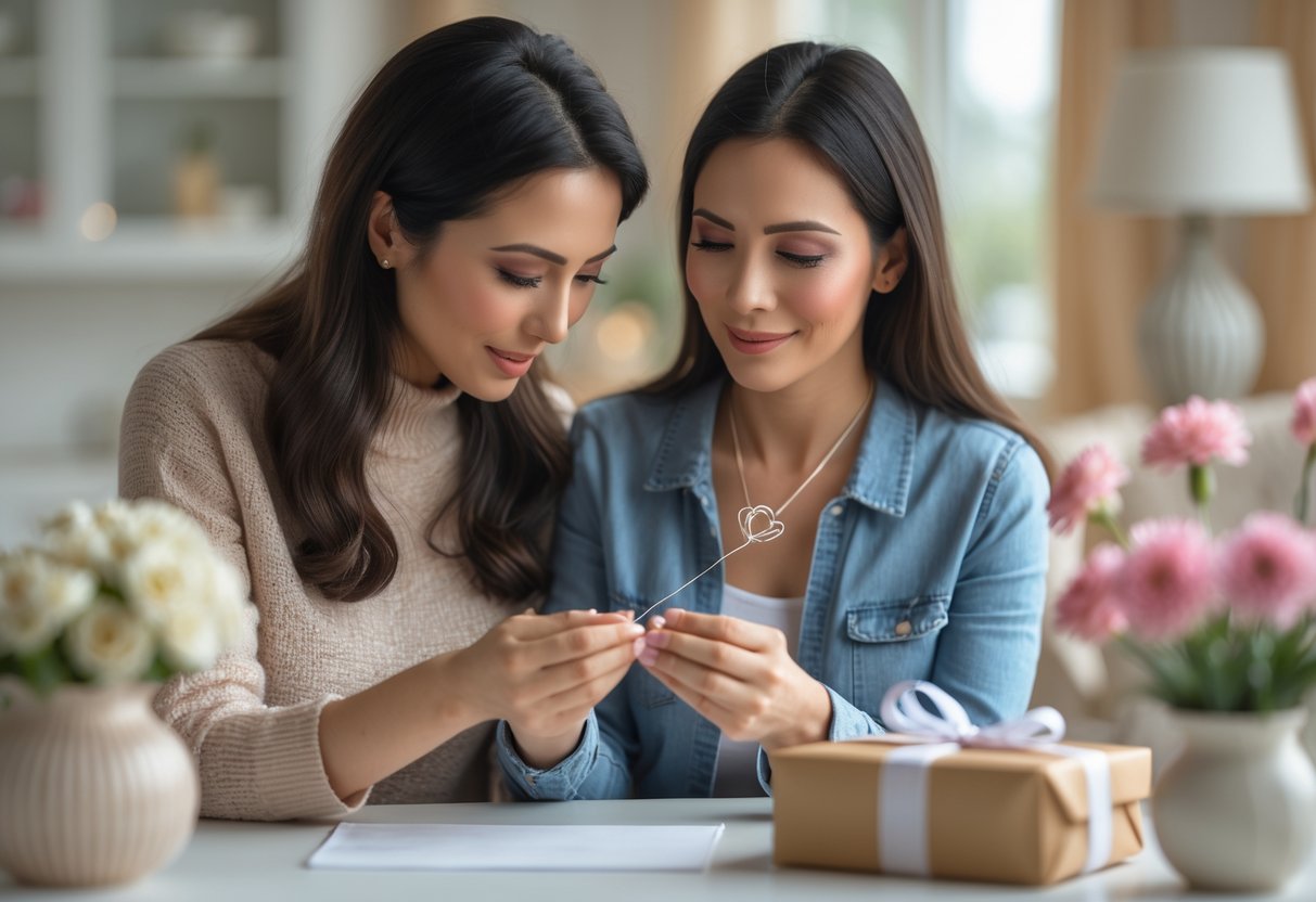 A mother giving her daughter a love knot necklace as a gift for her first job, both smiling warmly in a cozy home setting.