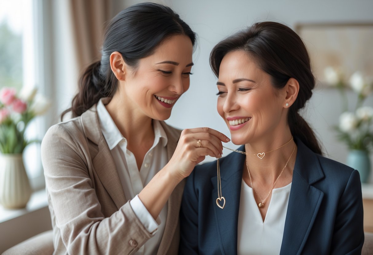A mother placing a love knot necklace on her smiling adult daughter indoors, celebrating her first job.