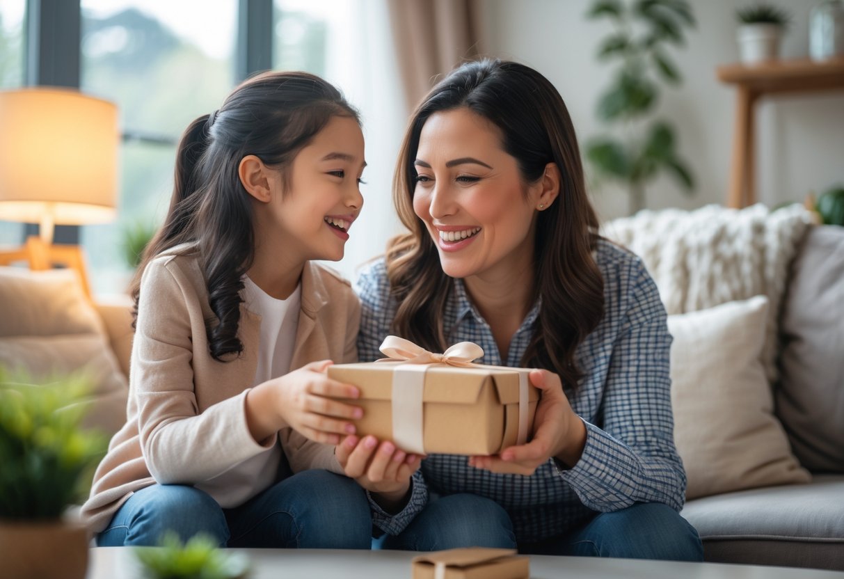 An aunt giving her niece a wrapped gift in a cozy living room as they smile warmly at each other.