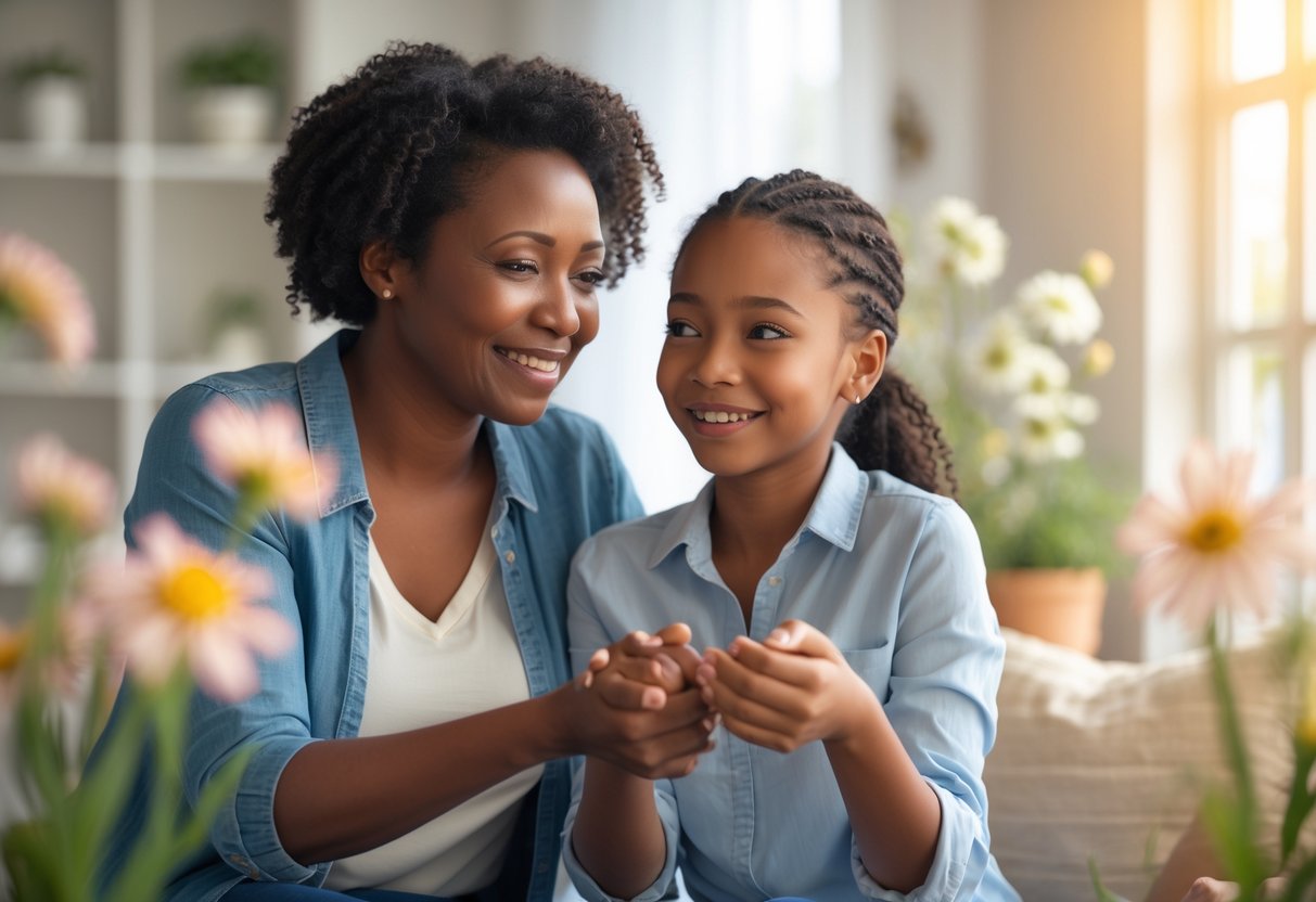 An aunt and her niece smiling and holding hands in a warmly lit room, sharing a moment of encouragement and support.