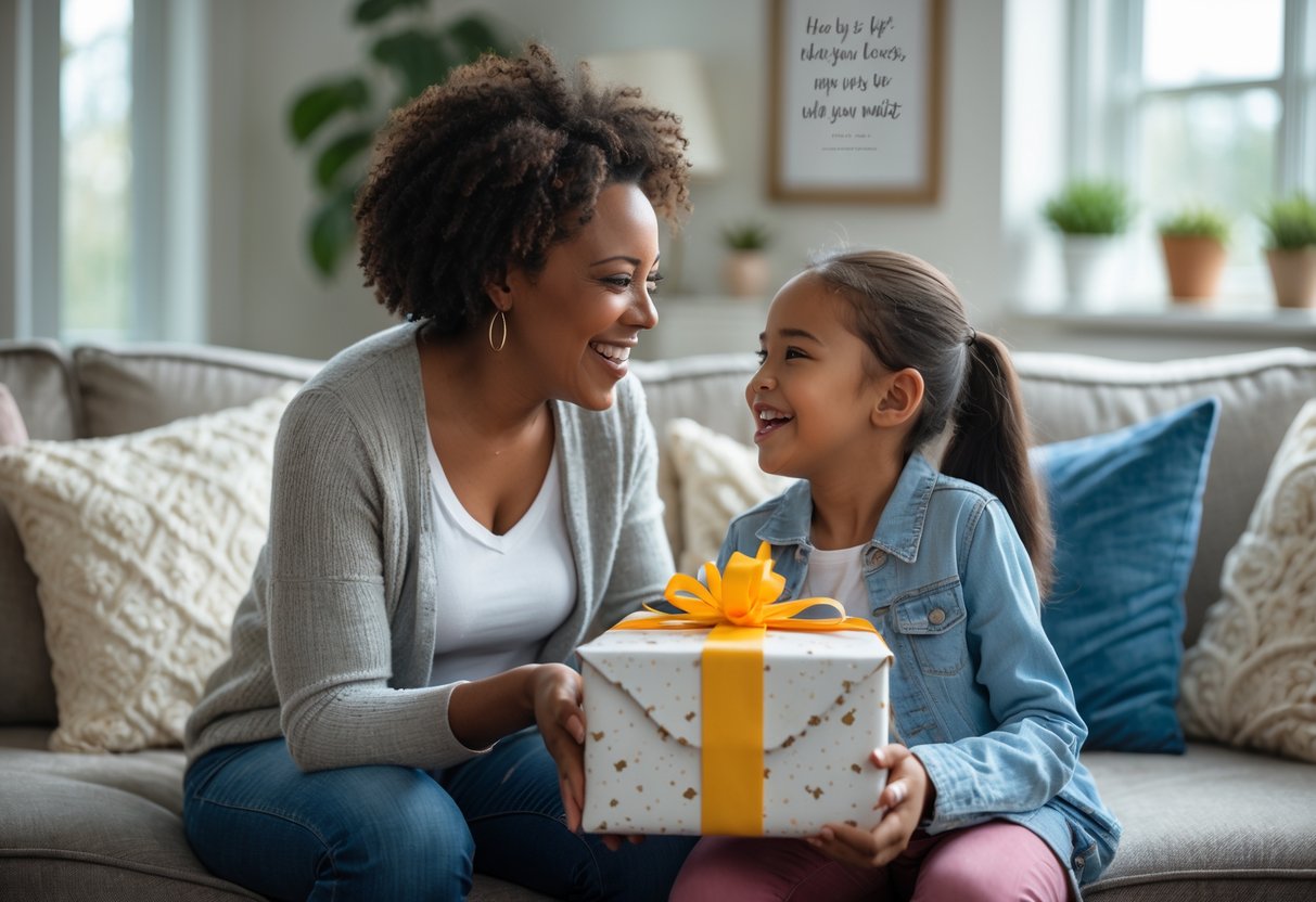 An aunt giving a wrapped gift to her smiling niece in a cozy living room, sharing a joyful and supportive moment.