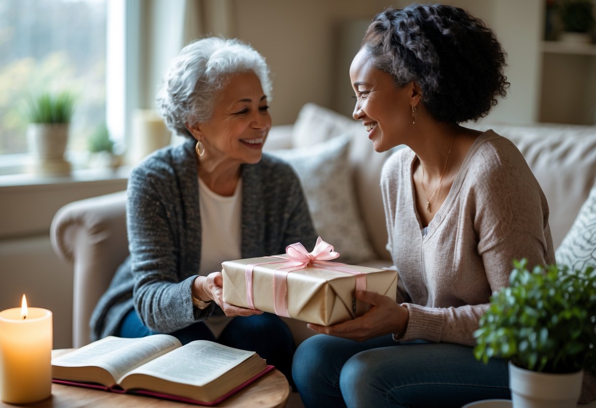 A woman giving a wrapped gift to her niece in a cozy room with a Bible and candle nearby, both smiling warmly.