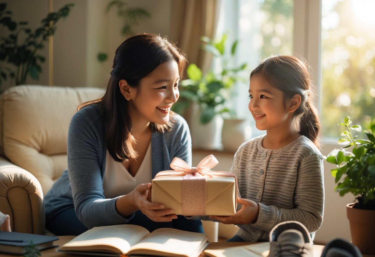 An aunt giving a wrapped gift to her smiling young niece in a cozy living room with sunlight and plants nearby.