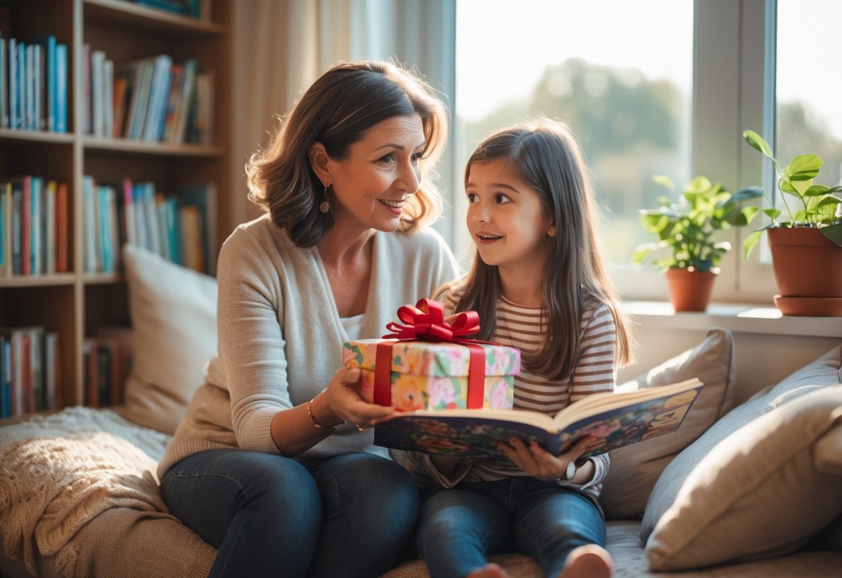 An aunt and her niece sitting together in a cozy reading nook, the aunt giving the niece a wrapped gift while the niece holds an open book, surrounded by books and a small plant near a window with morning light.