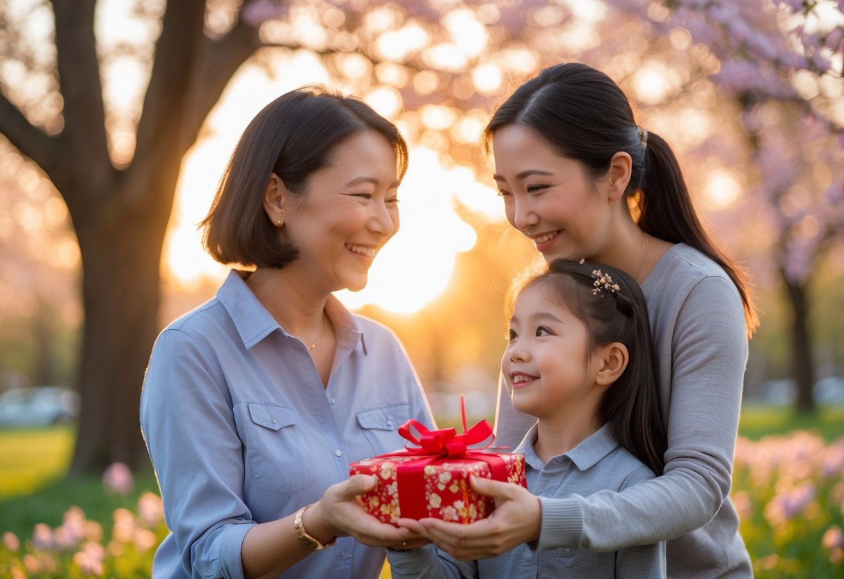 An aunt giving a wrapped gift to her young niece outdoors in a sunlit park, both smiling warmly.