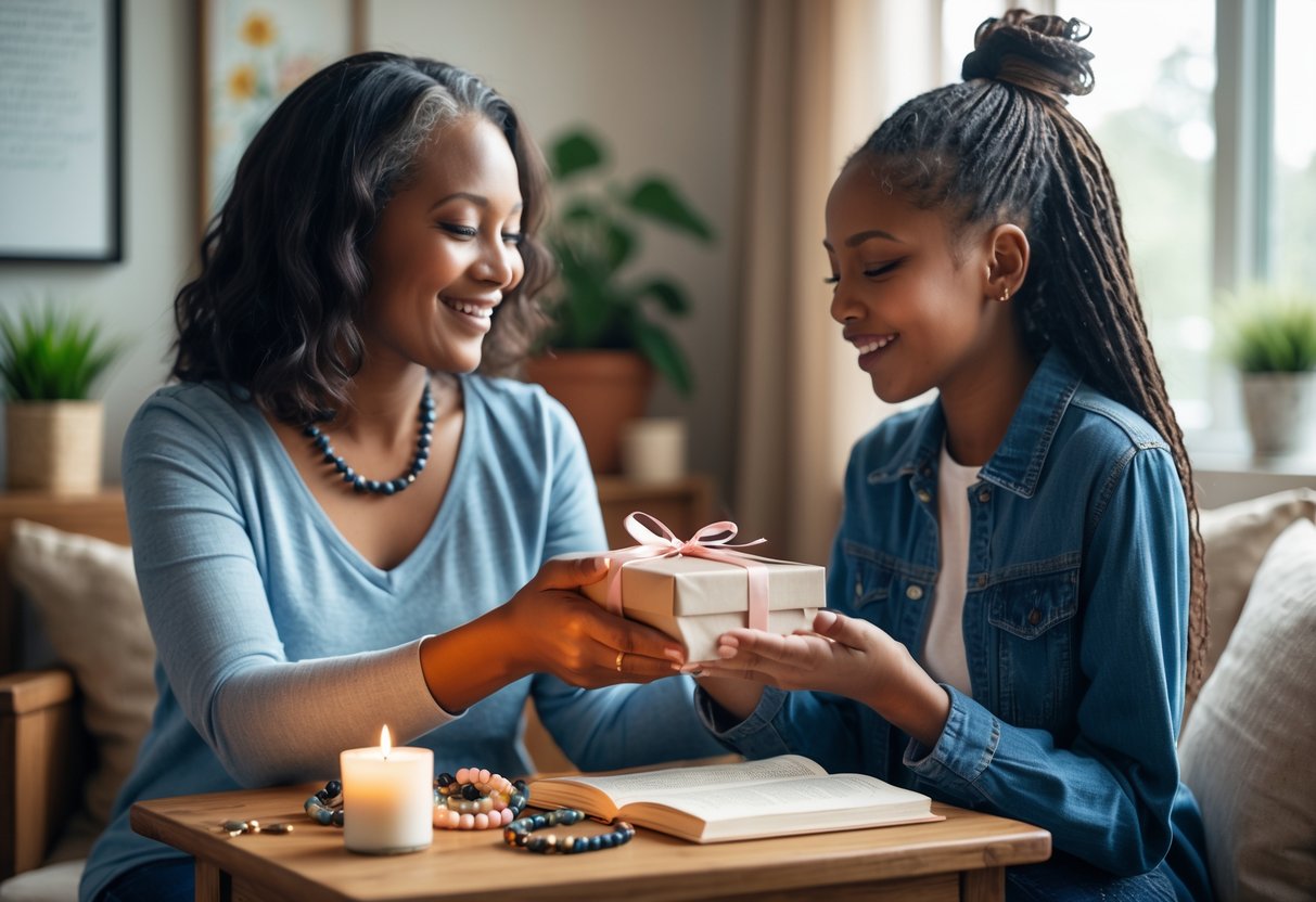 An aunt giving a wrapped gift to her smiling niece in a cozy room with prayer beads, a journal, and a candle on a table nearby.