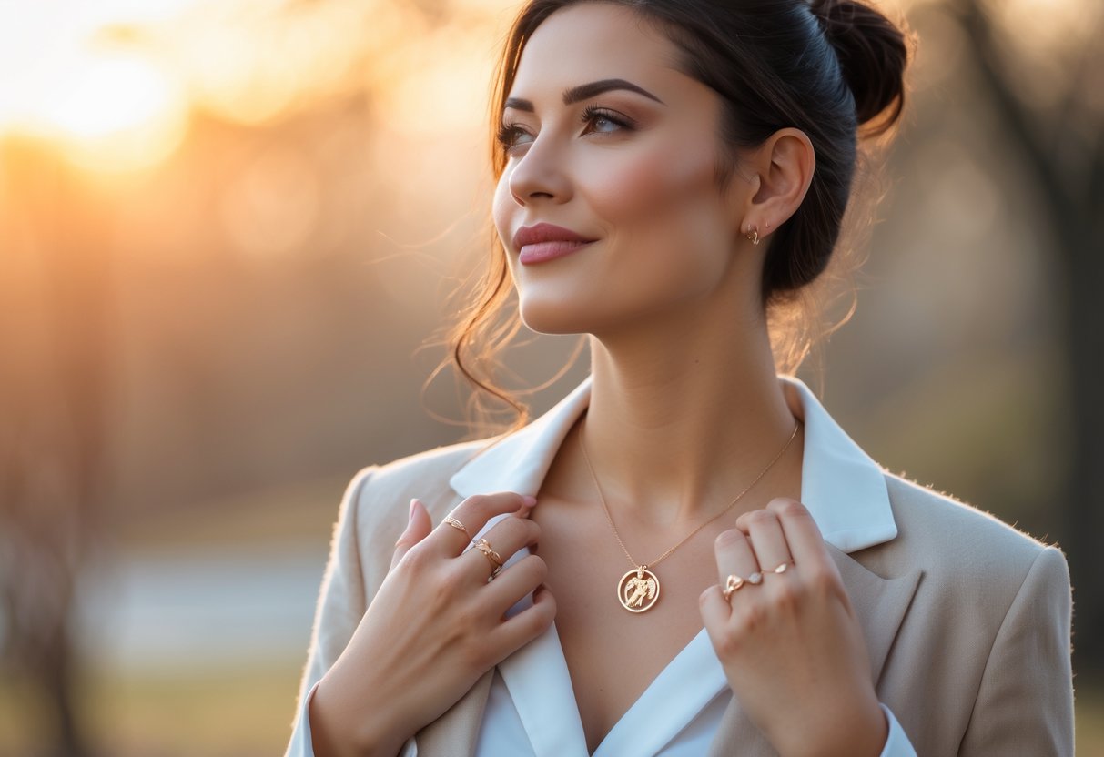 A young woman wearing elegant jewelry looks confidently into the distance outdoors during sunset.