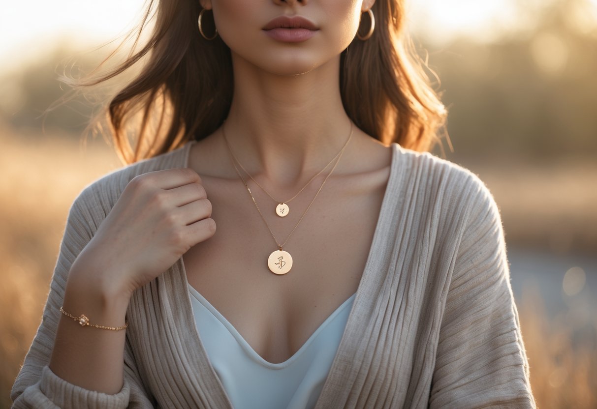 A young woman wearing elegant jewelry stands outdoors with a confident and determined expression.