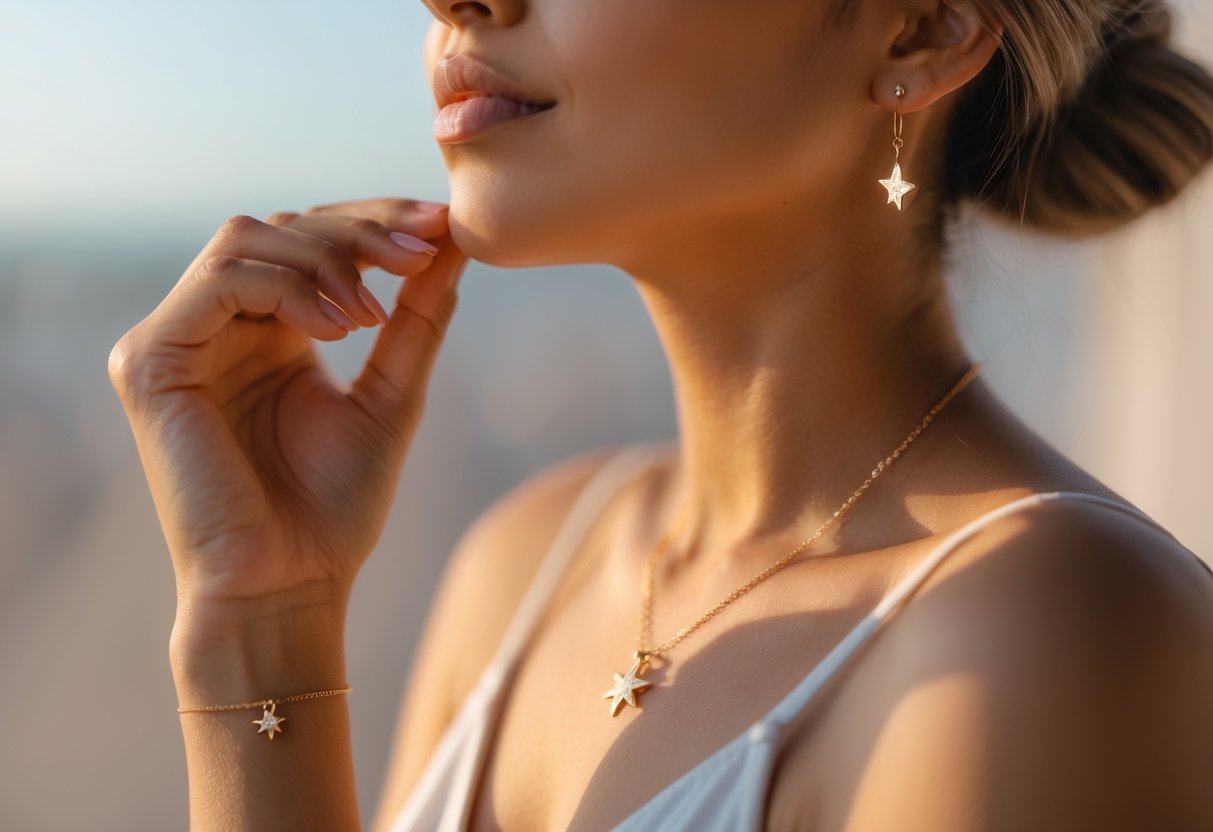 A young woman wearing symbolic jewelry looks thoughtfully upward while gently touching a necklace, conveying confidence and personal growth.