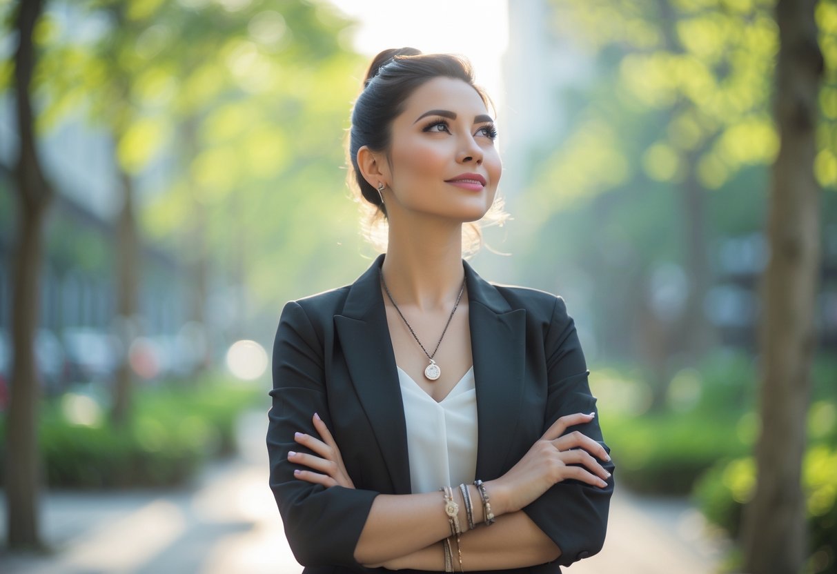 A young woman wearing meaningful jewelry stands outdoors in a park, looking confident and hopeful.