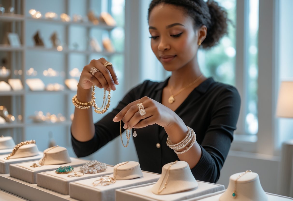 A young woman selecting jewelry pieces from a display in a bright, modern room.