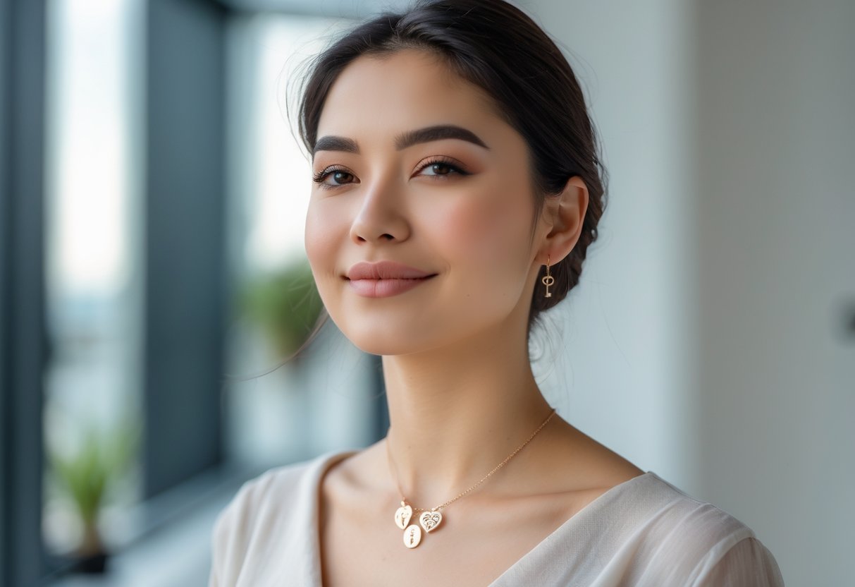 A young woman wearing elegant message jewelry, looking confident and proud in a softly lit indoor setting.
