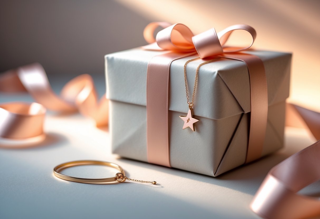 A gift box with elegant wrapping and a modern jewelry piece symbolizing empowerment for a young woman.